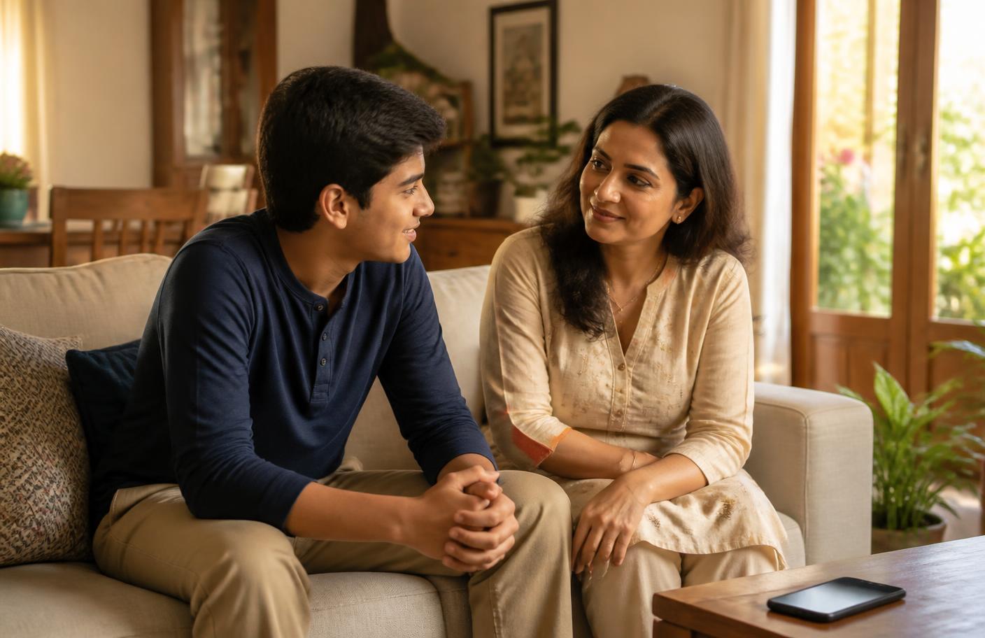 A mother and teenage son reconnecting through a calm conversation