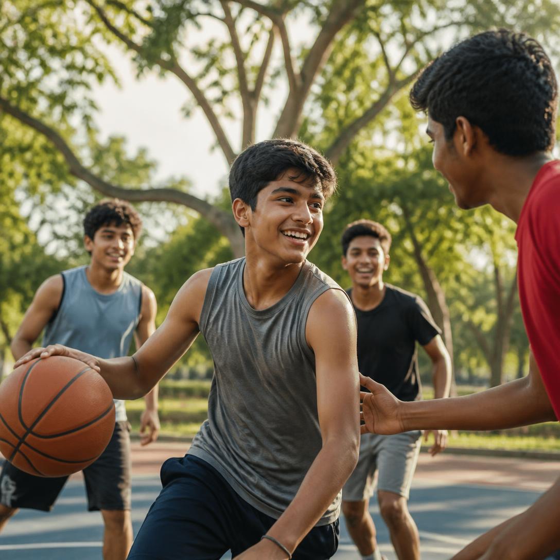 Teenagers enjoying an active game of basketball outdoors