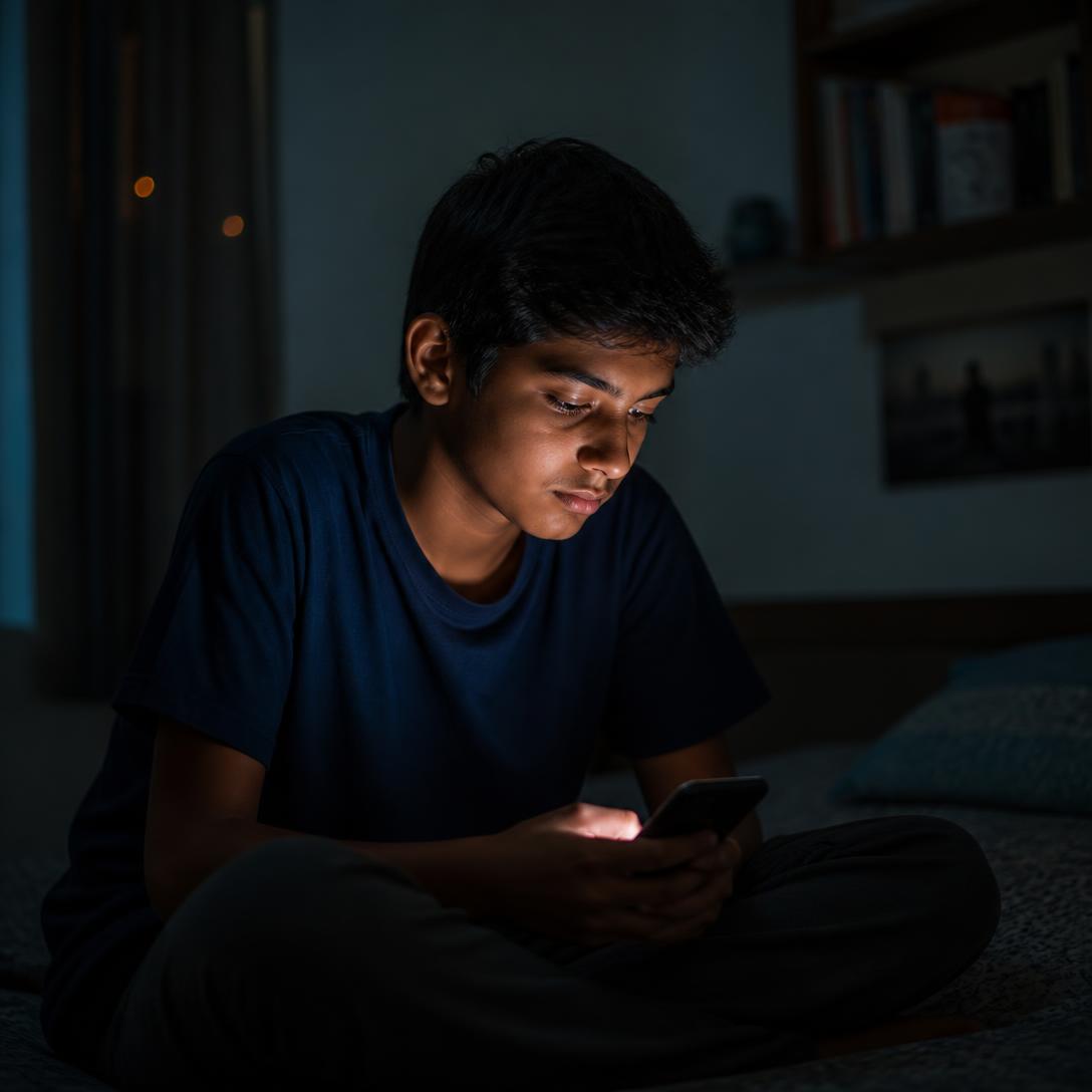 A teenager awake late at night using a mobile phone